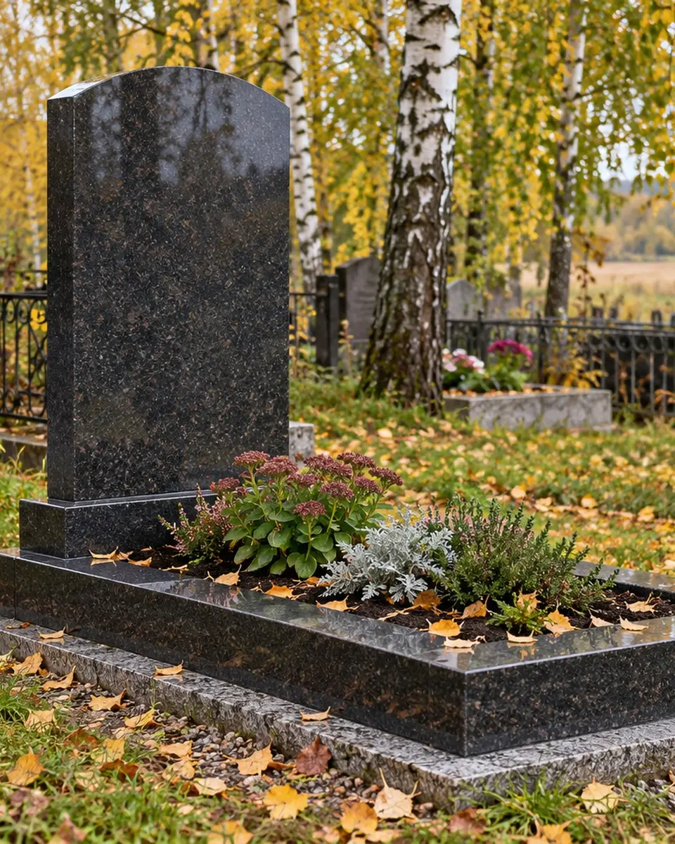 Отреставрированный гранитный памятник осенью