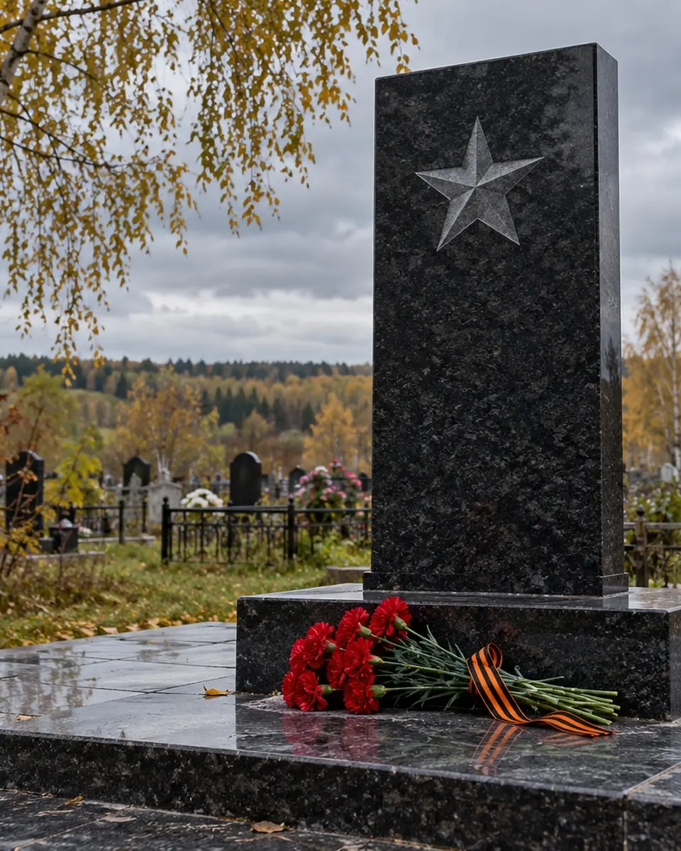 Гранитная стела со звездой и гвоздиками