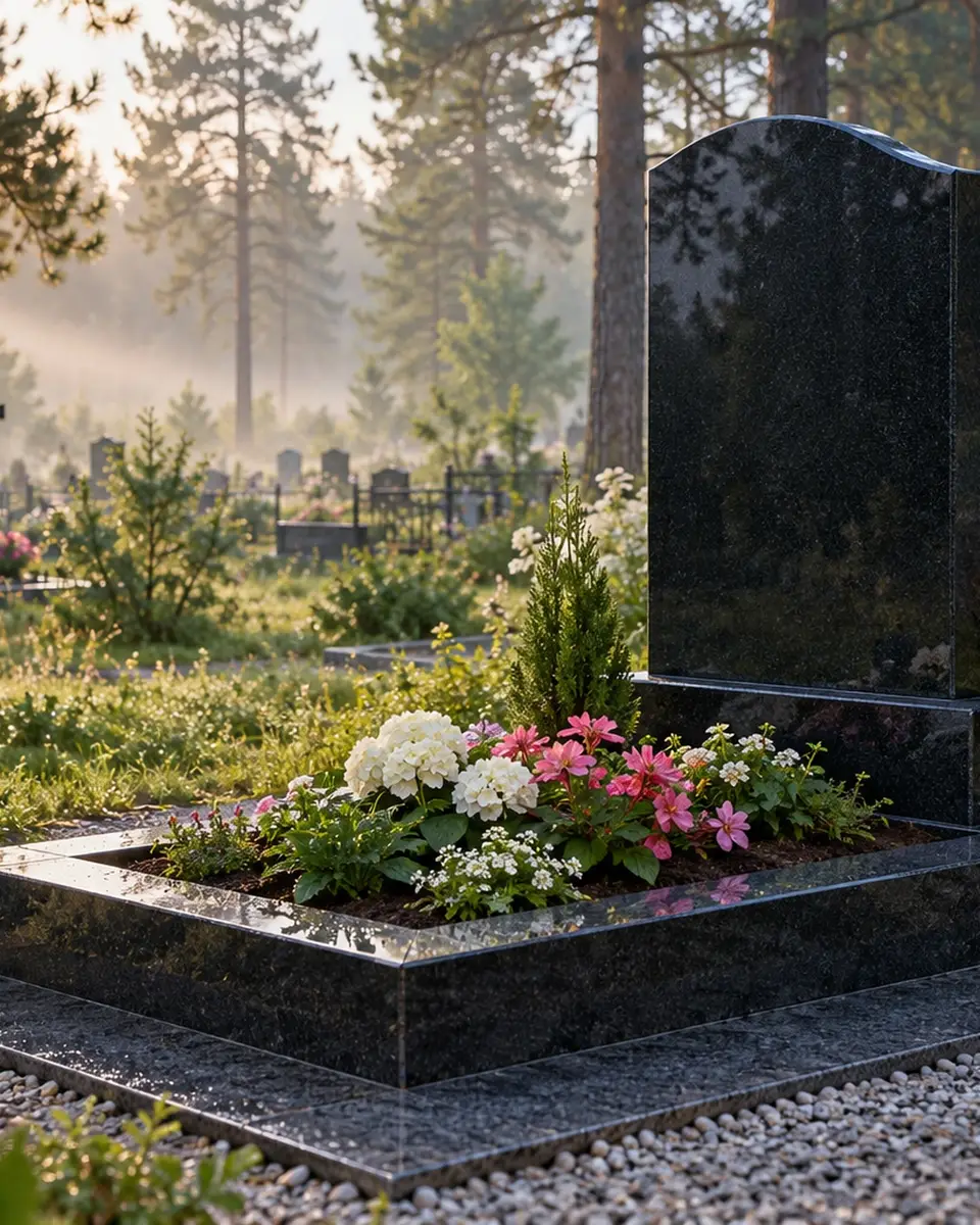 Новый памятник из чёрного гранита с цветником